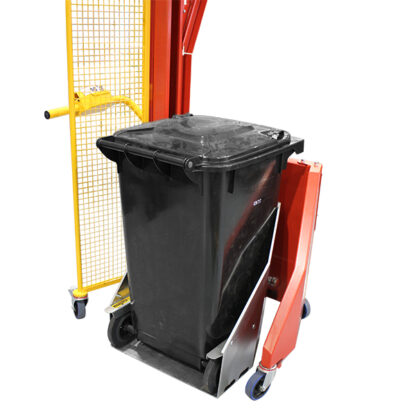 Simpro Multi-Tip wheelie bin tipper with black bin in cradle for lifting
