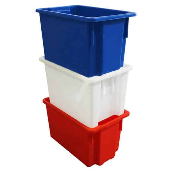 Blue, white, and red stack and nest crates stacked on top of each other