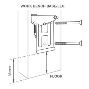 Diagram of step 1: Quick-Release Workbench Wheel Kit, showing the bolts aligning with the holes on the quick-release plate.