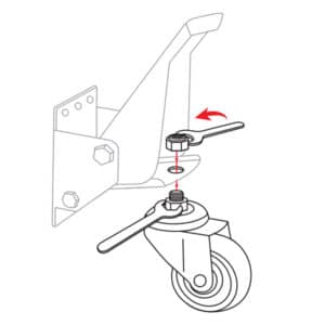 Step 2 of fixed workbench installation, diagram using wrenches tightening nuts to attach castor to pedal frame