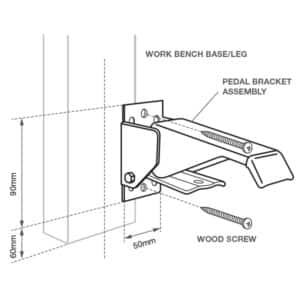 Step one of fixed workbench installation diagram, showing measurements of the leg and alignment of wood screws