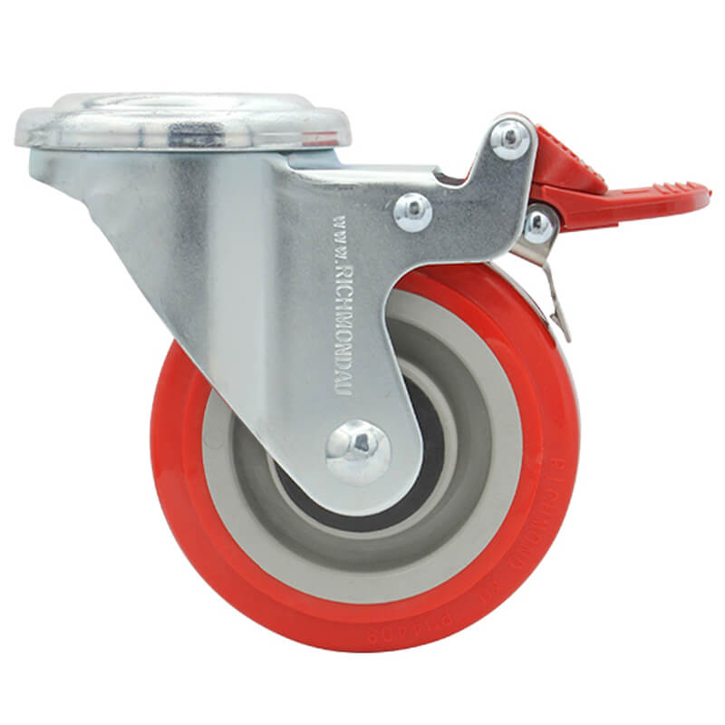 100mm Polyurethane Tyred on Nylon Centred Wheel, 200kg Capacity, Bolt Hole Swivel Brake Castor (S4218B) - Image 4