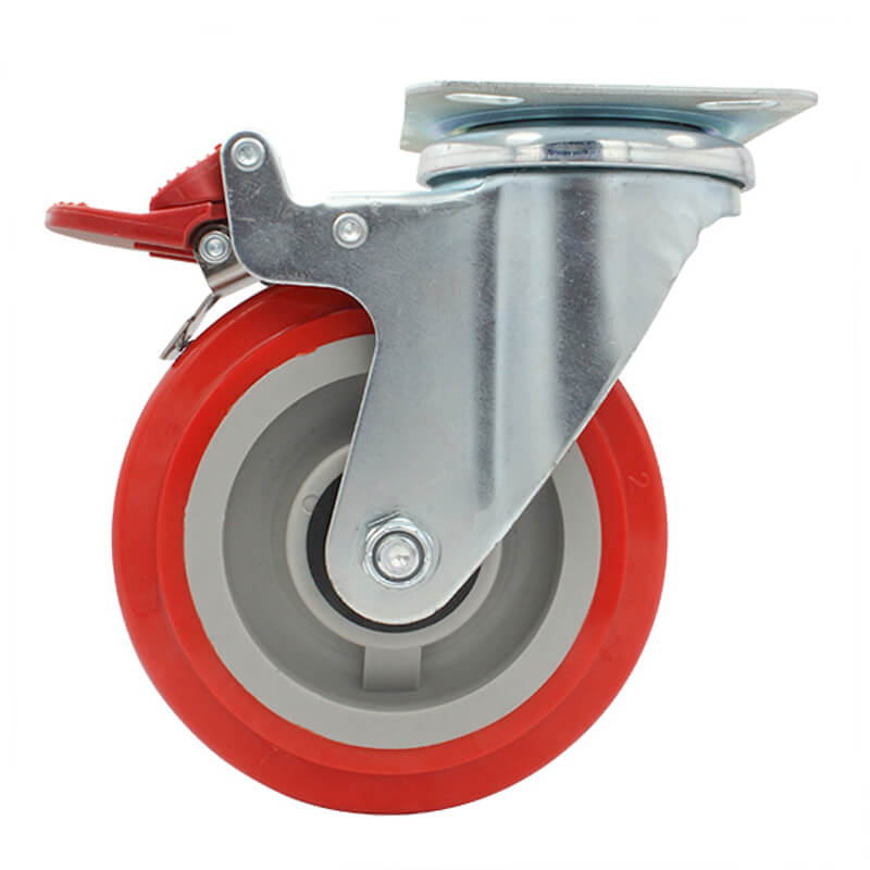 125mm Polyurethane Tyred Nylon Centred Wheel, 200kg Capacity Swivel Brake Castor (S5044B) - Image 2