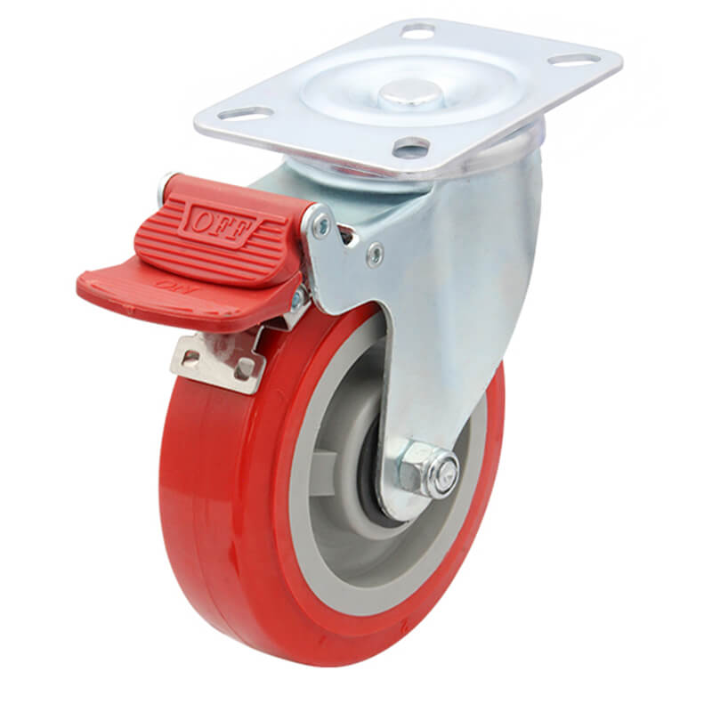 125mm Polyurethane Tyred Nylon Centred Wheel, 200kg Capacity Swivel Brake Castor (S5044B)